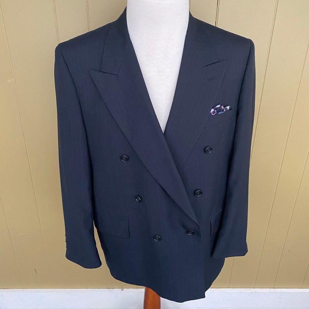 Garrison Park men 46R double breasted suit  jacket black striped